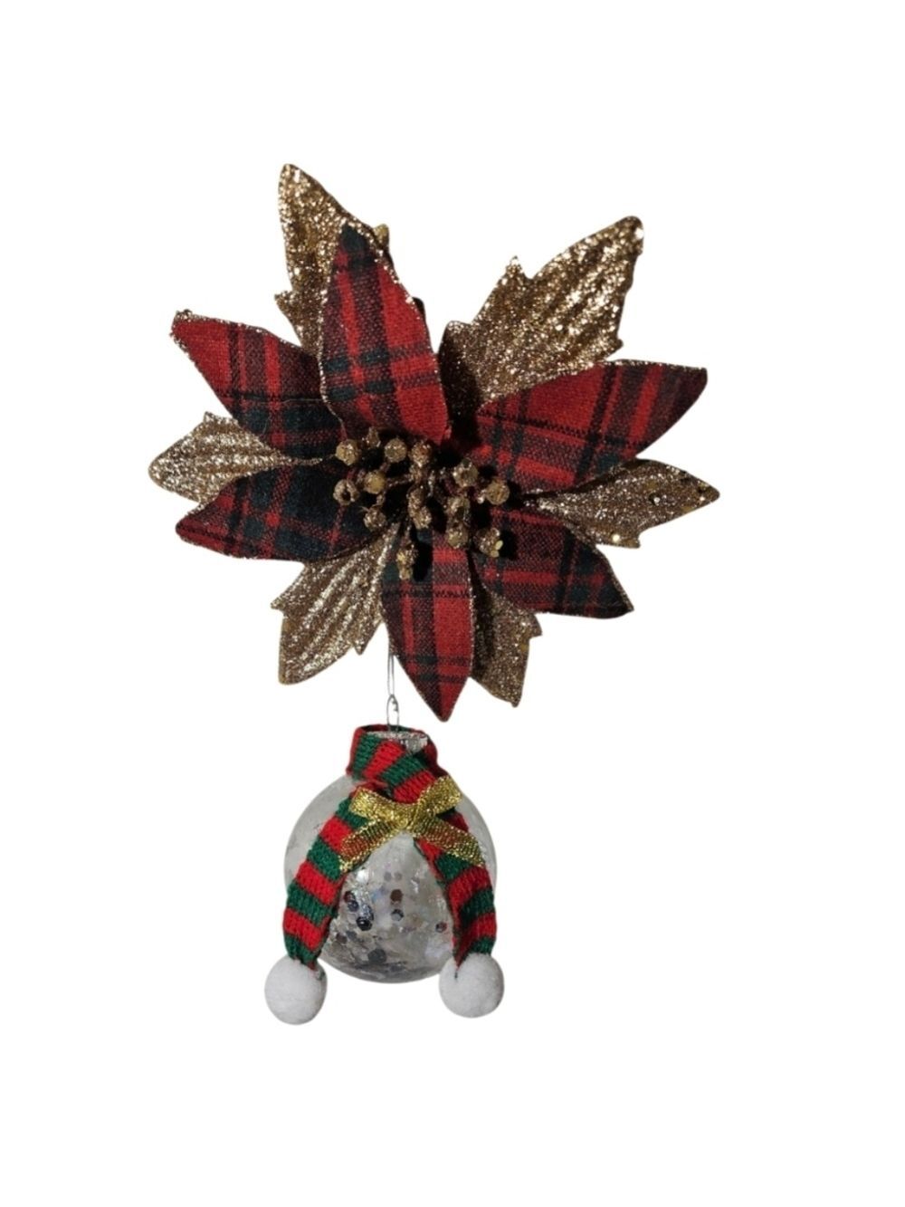 Plaid Gold Poinsettia Ornament Iridescent Glitter Ball